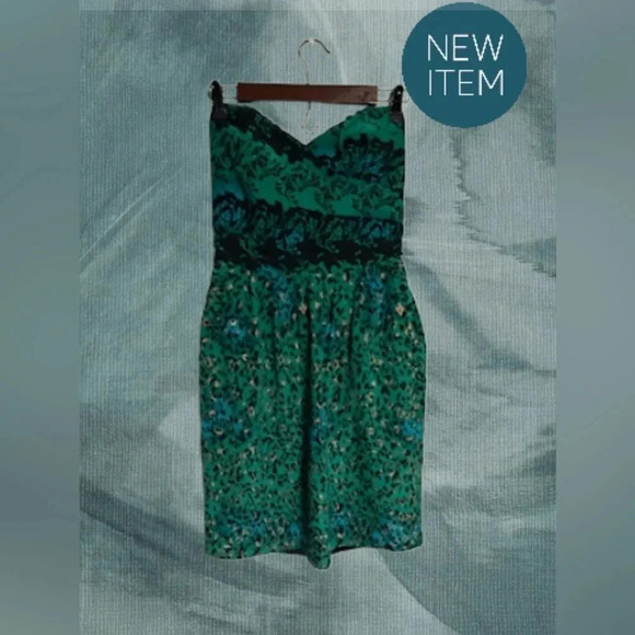 Silk Green Animal Print Mini Dress Women’s Medium Strapless‎ Pockets Party - Picture 6 of 16